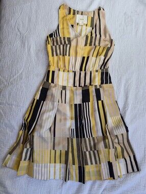 Maeve by Anthropologie Otta Geometric Pleated Silk Dress, Size 0, Yellow/Black